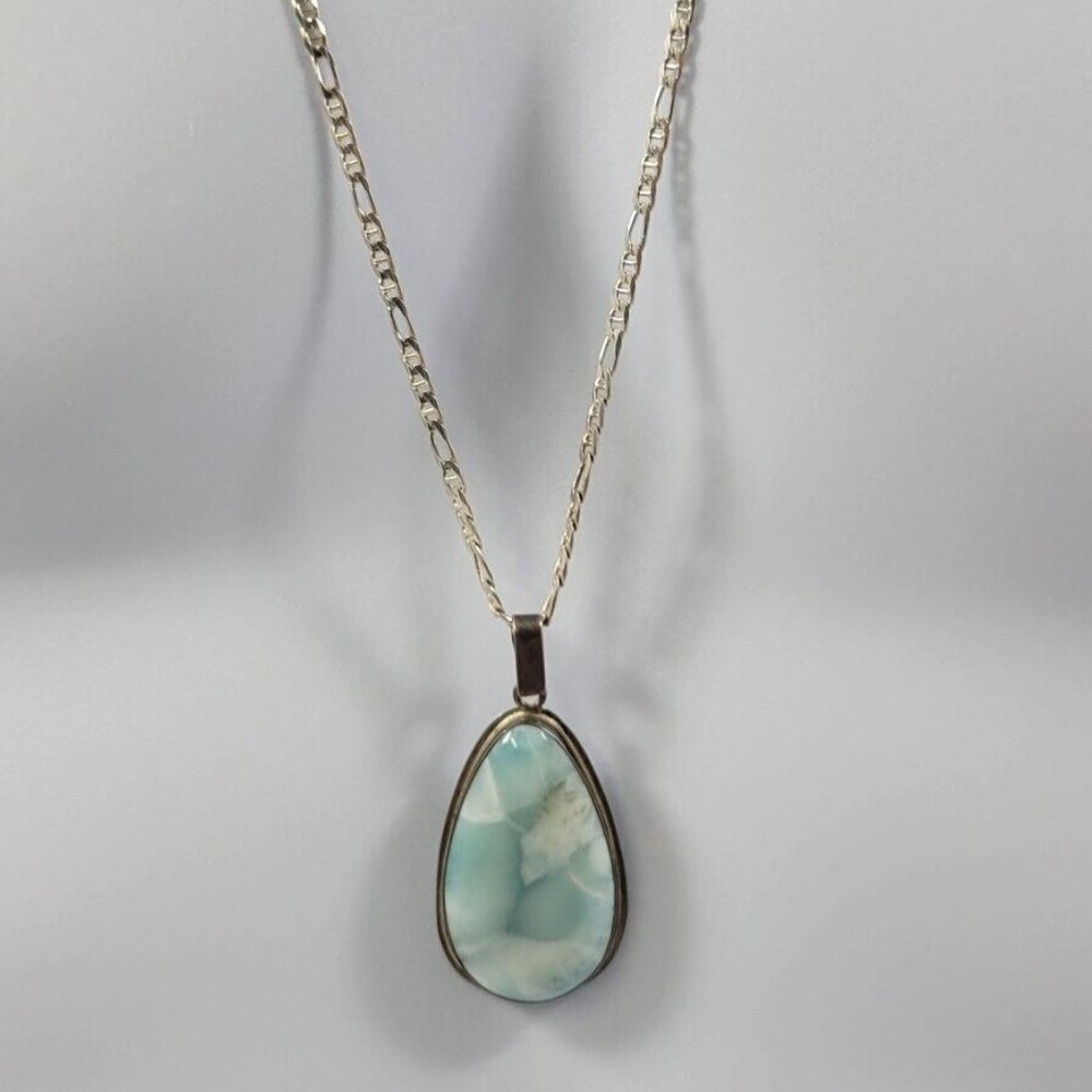 *B) Sterling Silver 925 Sodalite Pendant on Sterling Figaro Chain Necklace